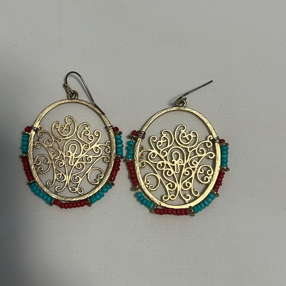 Elegant Gold Filigree Earrings with Red and Blue Beads